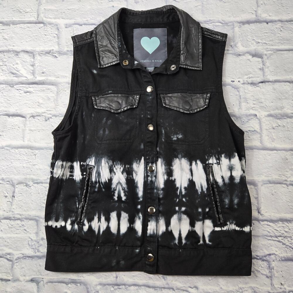 Kendall & Kylie Tie Dye Vest Black White Western Boho Faux Leather Trim Medium